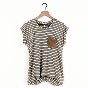 *umgee* S brown & white stripe pocket tee tie back